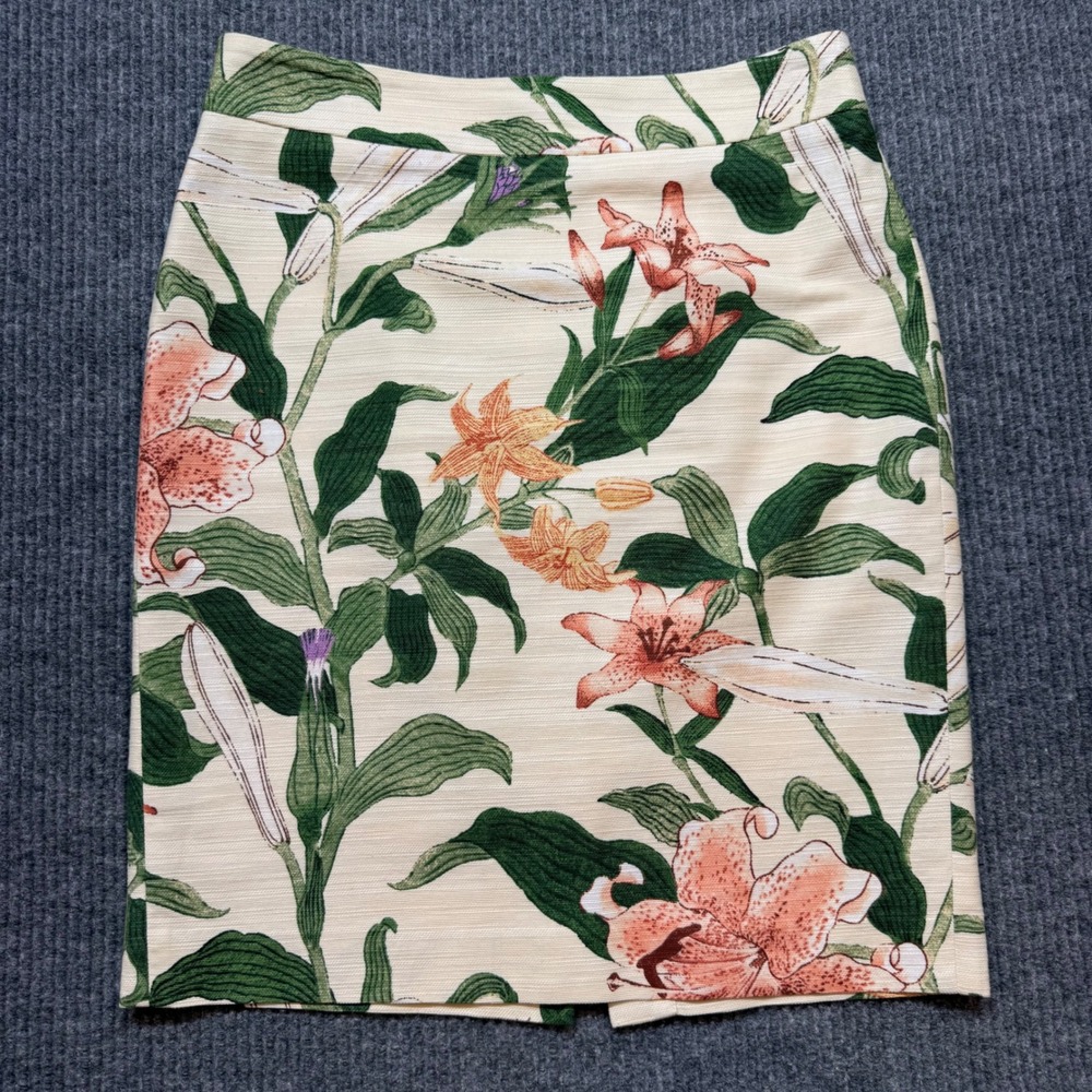 Ann Taylor 8P Cream Floral Midi Pencil Skirt Botanical Cottagecore Preppy Chic